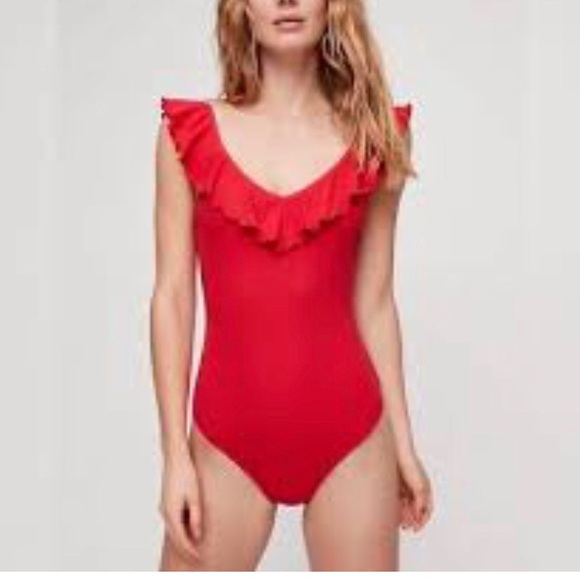 Wilfred Womens Danette Bodysuit Size XS Red Ruffle Ribbed Stretch Aritzia - Picture 5 of 9
